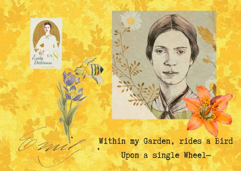 este collague con forma de sobre tiene una fotografía de la poeta Emily Dickinson y su firma