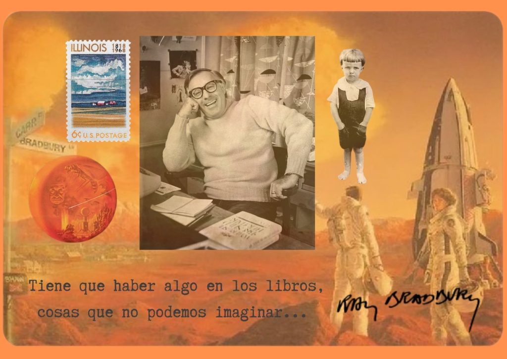 collague original con texto, firma y fotografía del escritor estadounidense Ray Bradbury