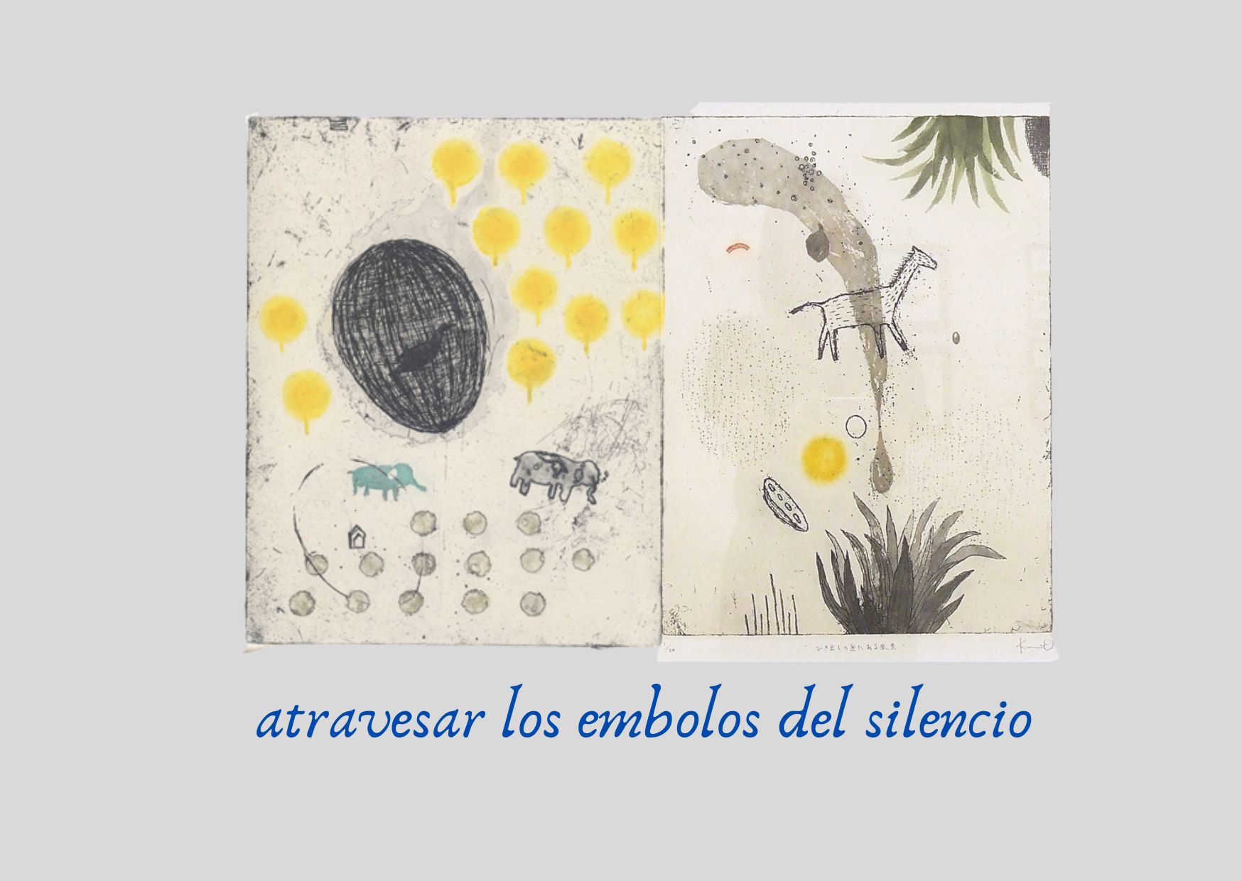 obras del artista japonés Kumi Obata, “Landscape in the fog” 物静かな散歩 (izquierda) / “The Scene at the Back of the Drawer” ひき出しの奥にある風景 (derecha)　