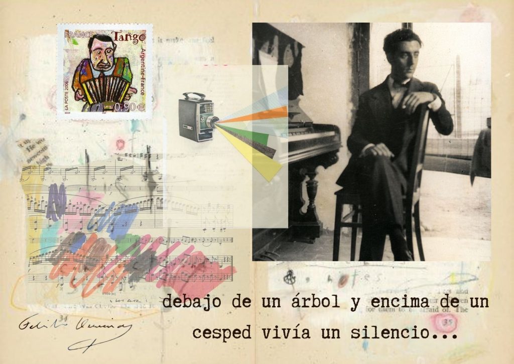 collague con fotografía y firma del escritor uruguayo Felisberto Hernández