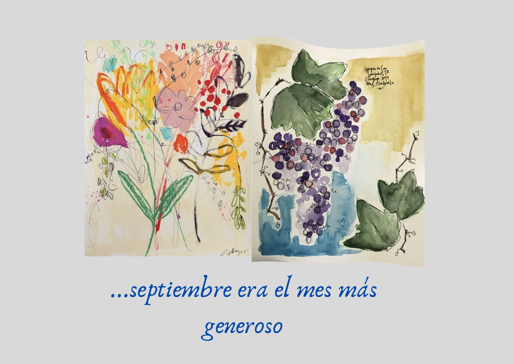 collague con obras “Flowers for Her” por Lesley Grainger (izquierda) y cuaderno por Meredith Anatrella (derecha)