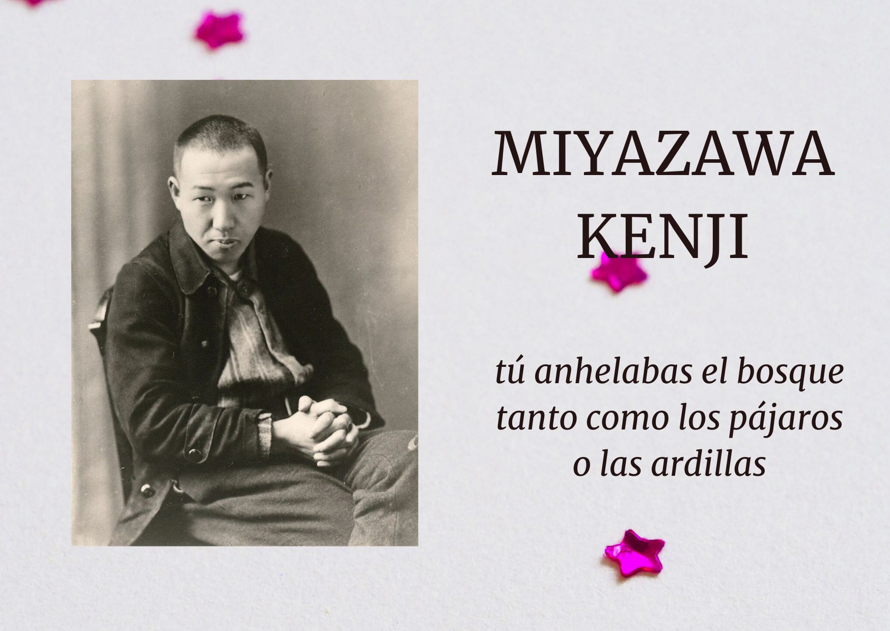 fotografía de Miyazawa Kenji con un fragmento de uno de sus poemas